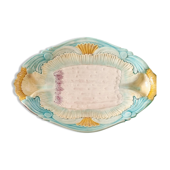 Rare and exquisite oval asparagus dish in Barbotine earthenware (majolica).