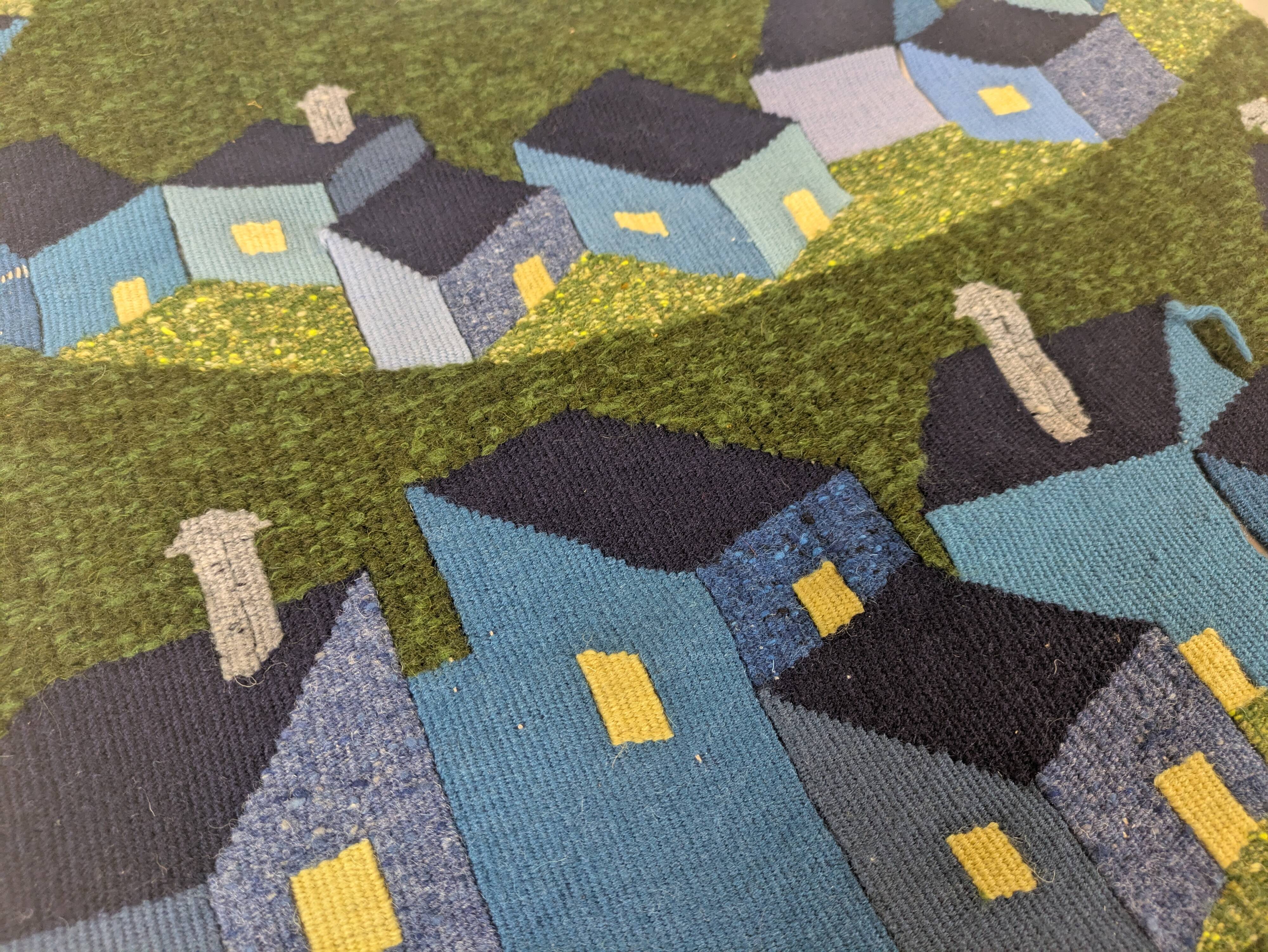 Vintage Handwoven Tapestry Village Scene Under the Full Moon