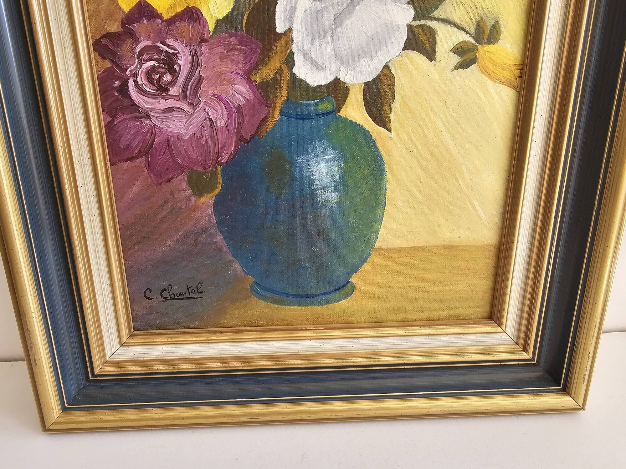 Oil on Canvas Board - Bouquet of Roses Signed Chantal Cogniard
