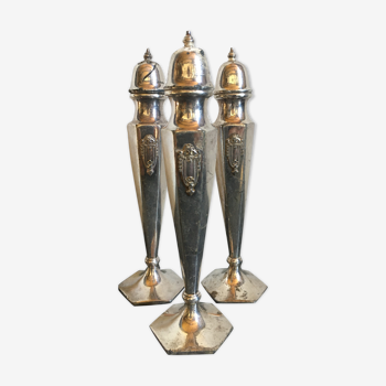 Series of 3 large silver metal salt shakers