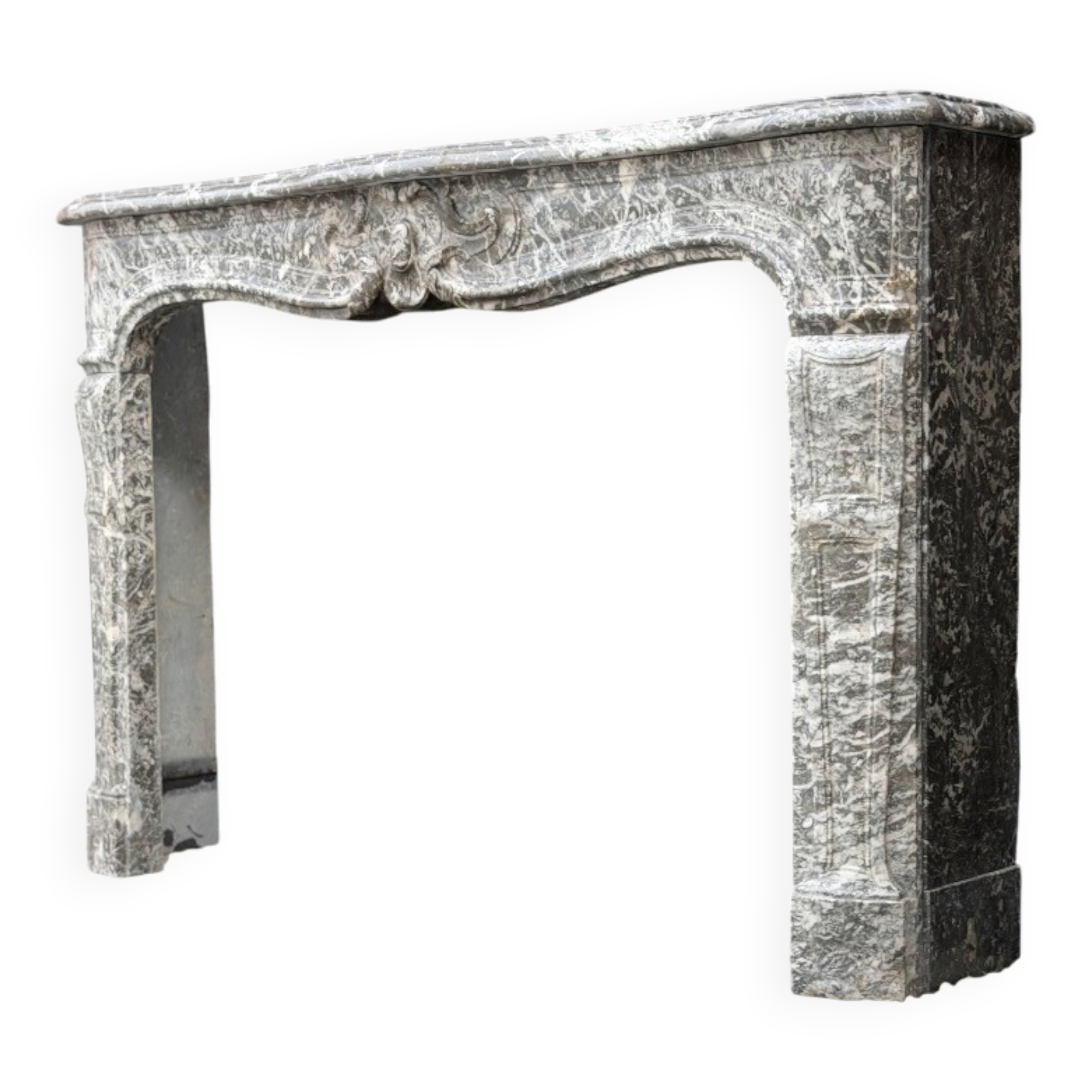 Louis XV fireplace in grey Saint Anne marble, 18th century.