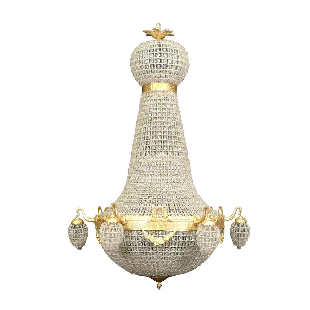 Lustre montgolfière empire en bronze et cristaux de verre