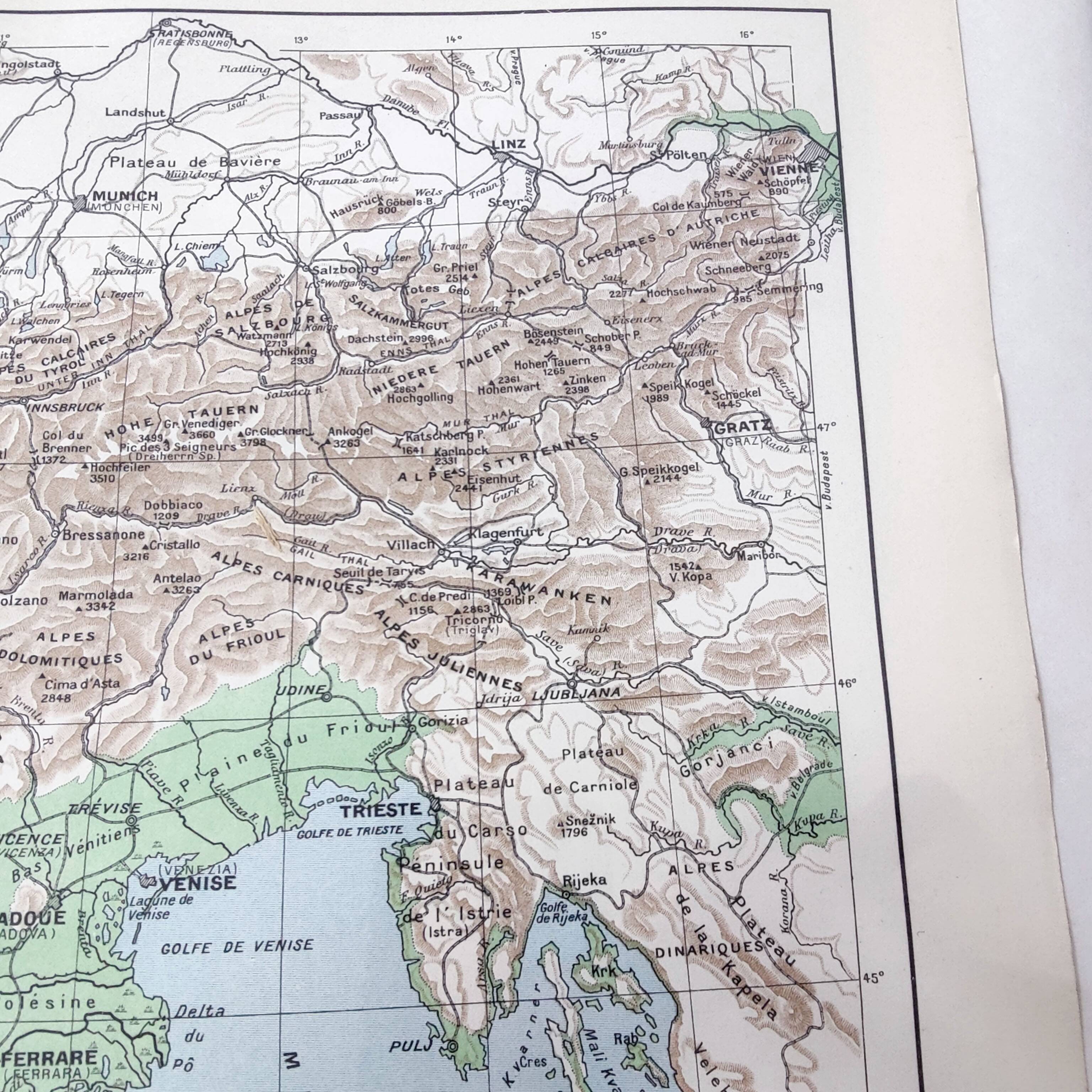 Vintage Europe Alps mountains map from 1950