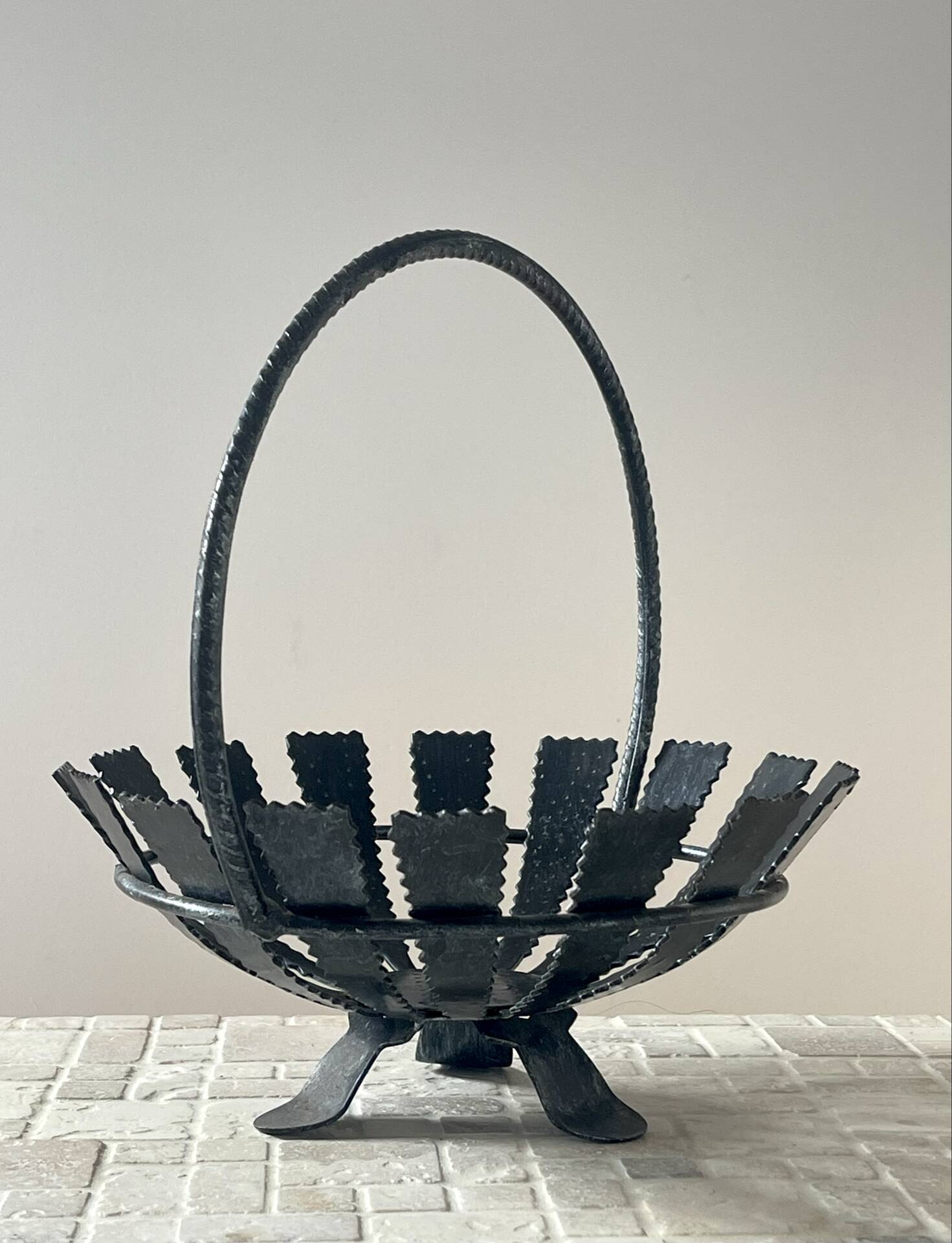 Brutalist wrought iron basket from the 1960s.