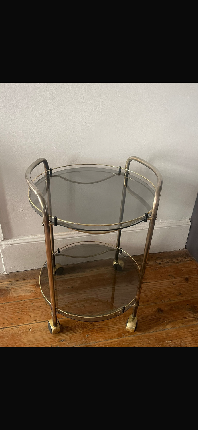 Vintage 70s brass side table with smoked glass