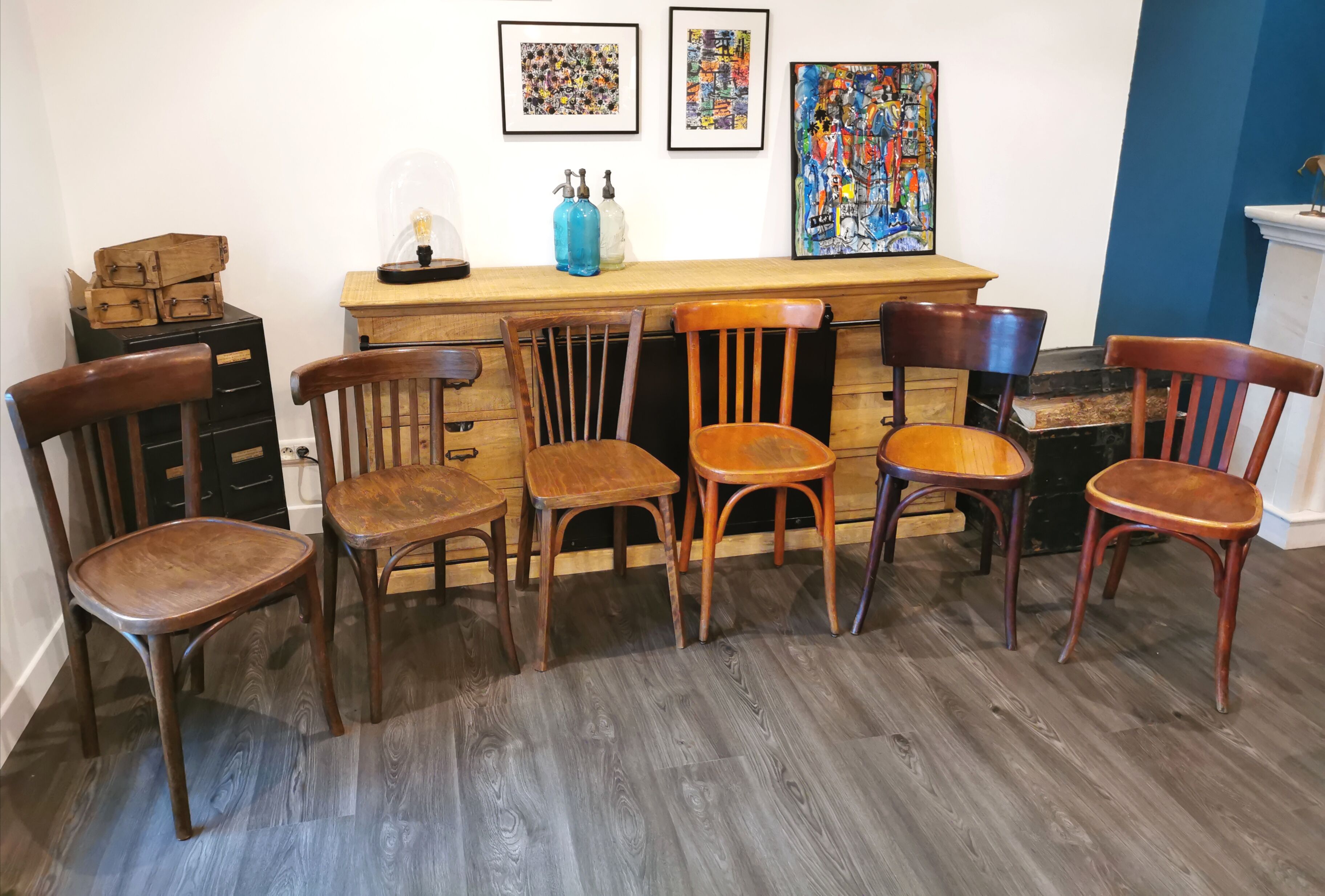 Series of 6 mismatched bistro chairs Baumann and Mahieu