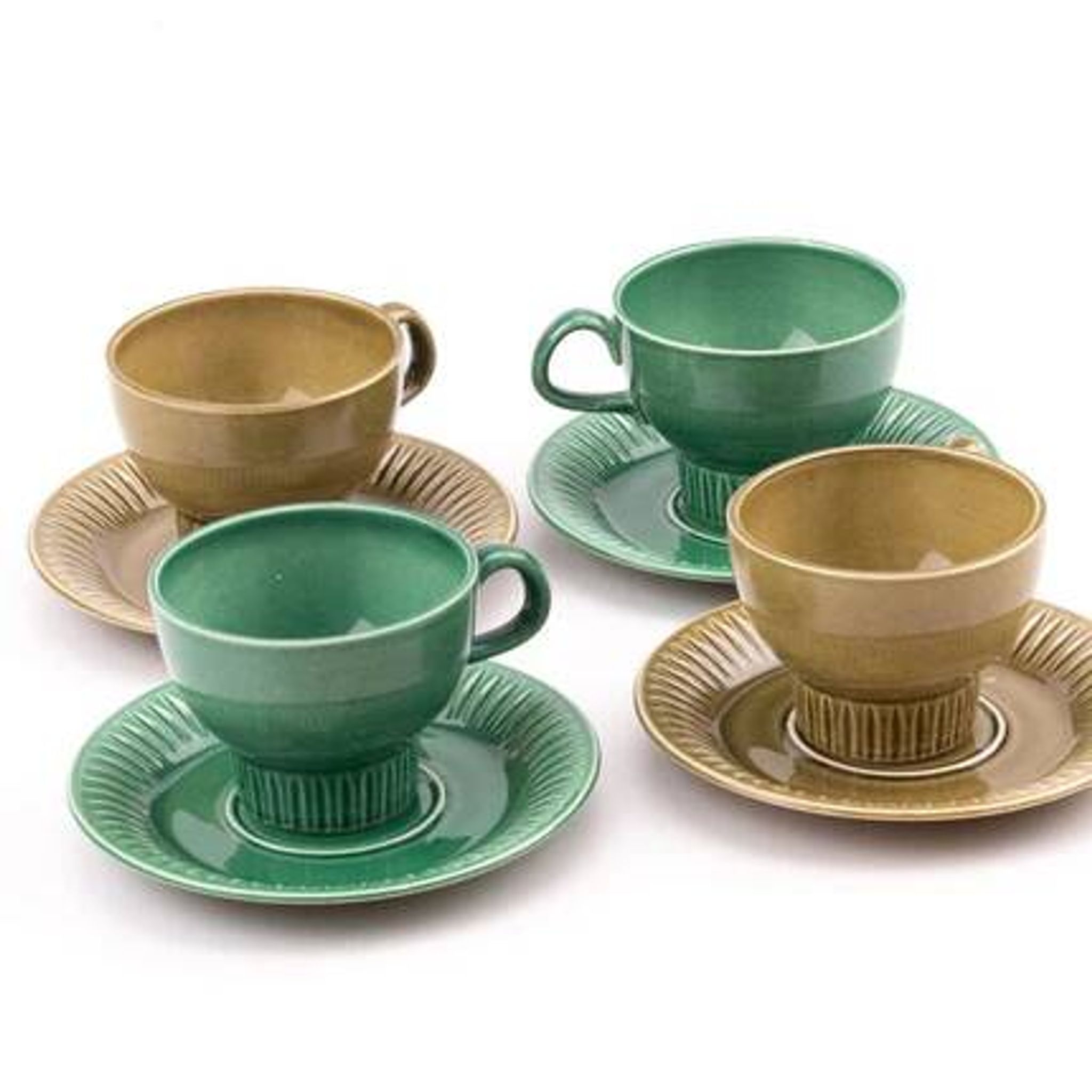 Set of 4 green and khaki Sunbeam cups and saucers.