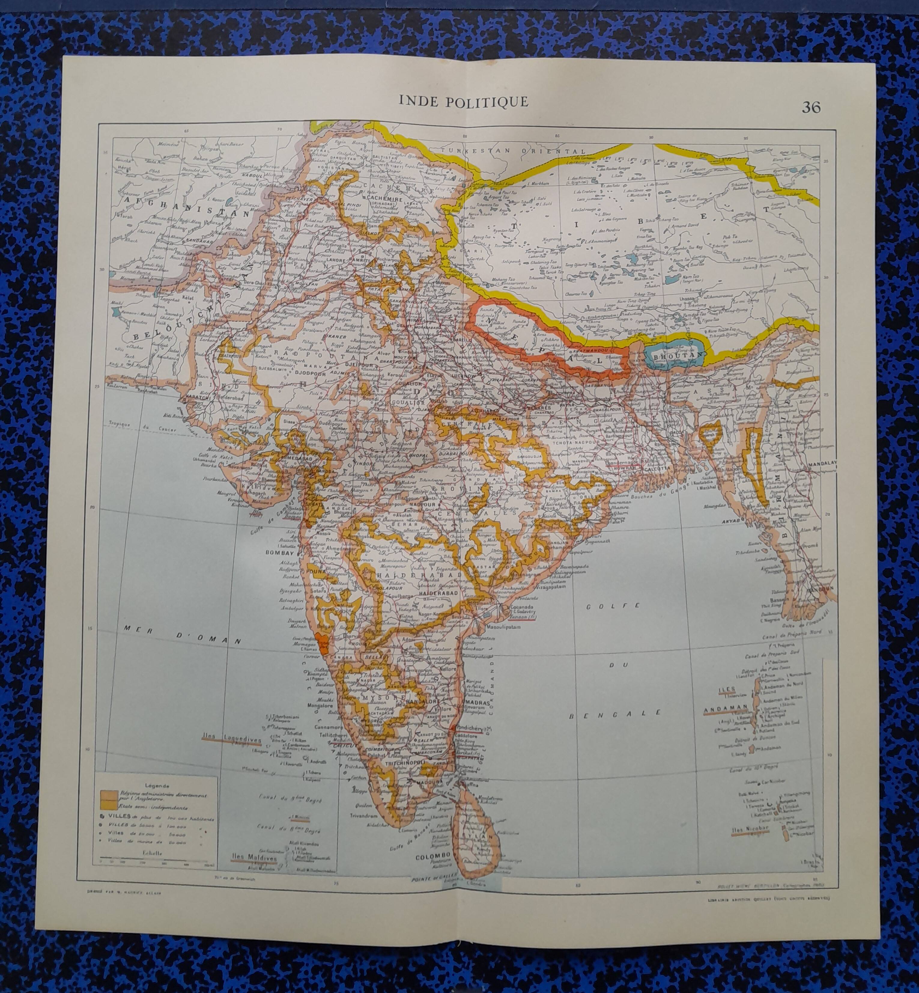 a geographical map from Atlas Quillet year 1925 map: political India