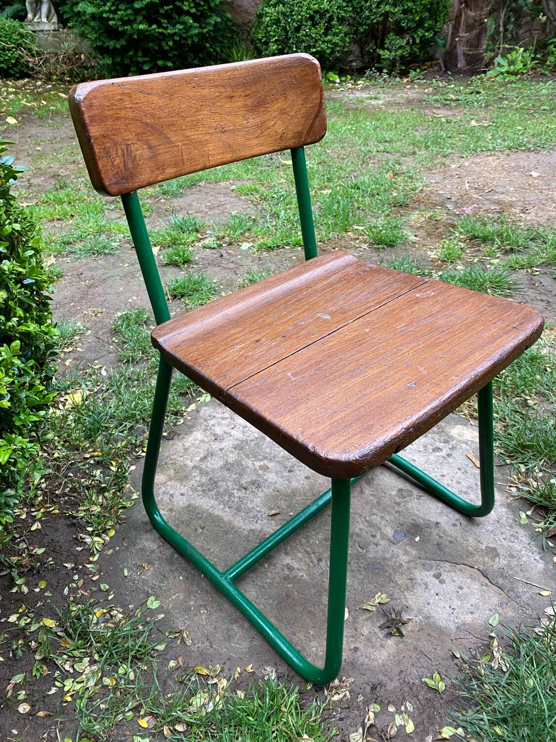 Green lacquered metal children's school chair circa 1950