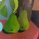 Mid-Century Modern "Pears & Lily of the Valley" Swedish Vintage Expressionist Still Life Tempera Pai