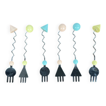 Rare and original Set of 6 Memphis dessert forks, Japan, 1980/90