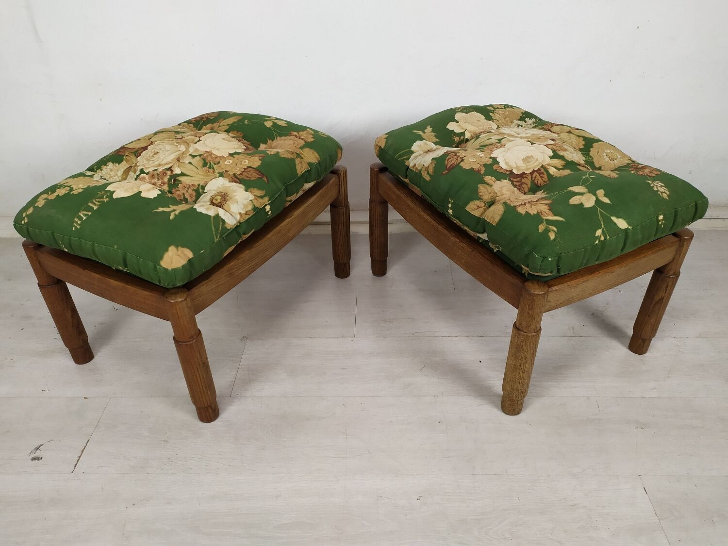 Pair of vintage oak poufs