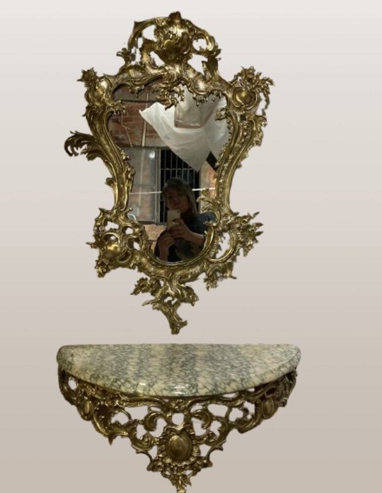 Console murale en bronze et miroir, années 60. Lot de 2