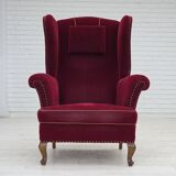1960s, Danish highback wingback armchair, cherry-red furniture velour.