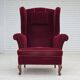 1960s, Danish highback wingback armchair, cherry-red furniture velour.