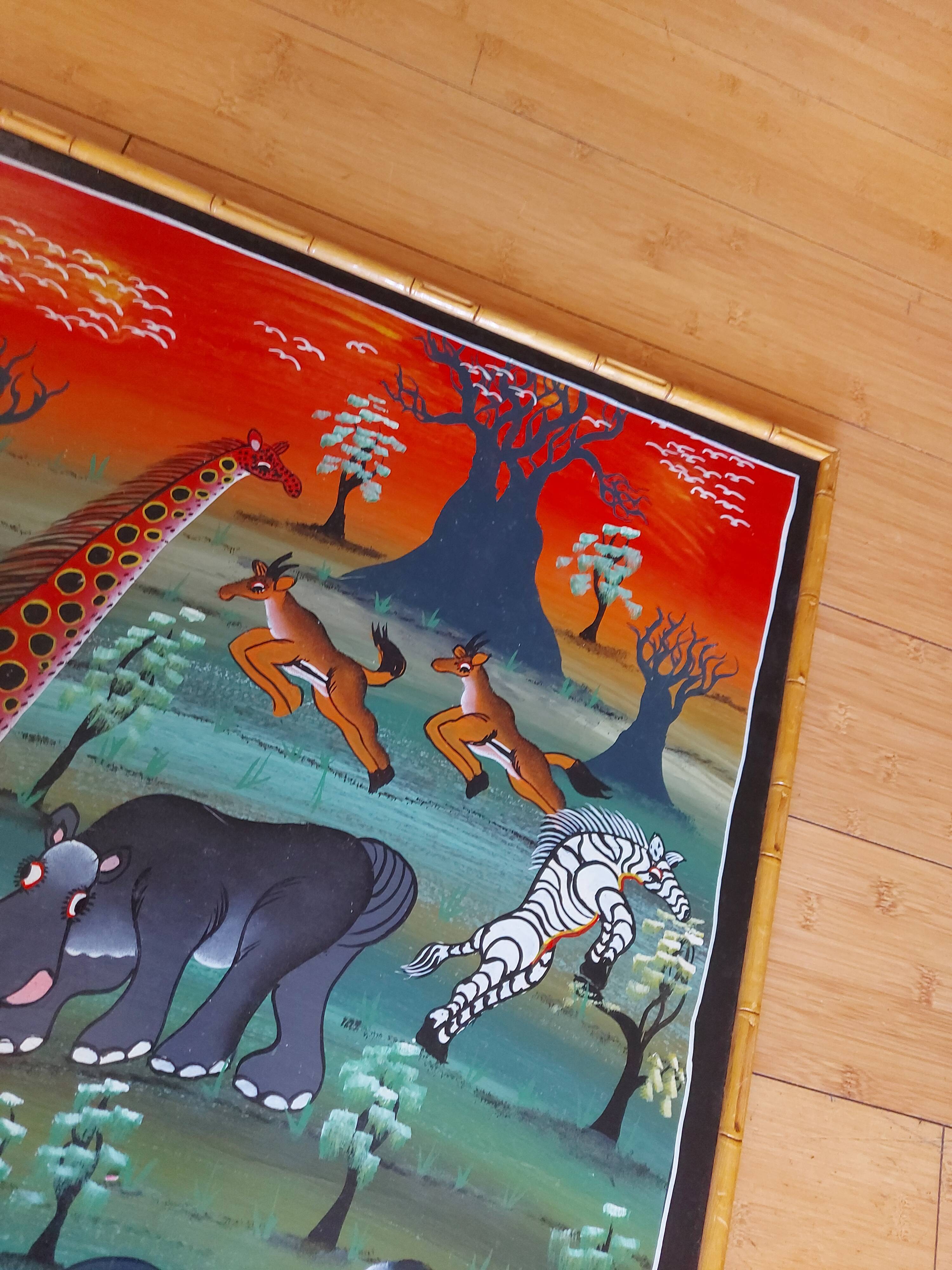 Grande huile sur toile art africain TingaTinga , Zanzibar , Tanzanie , Cheti