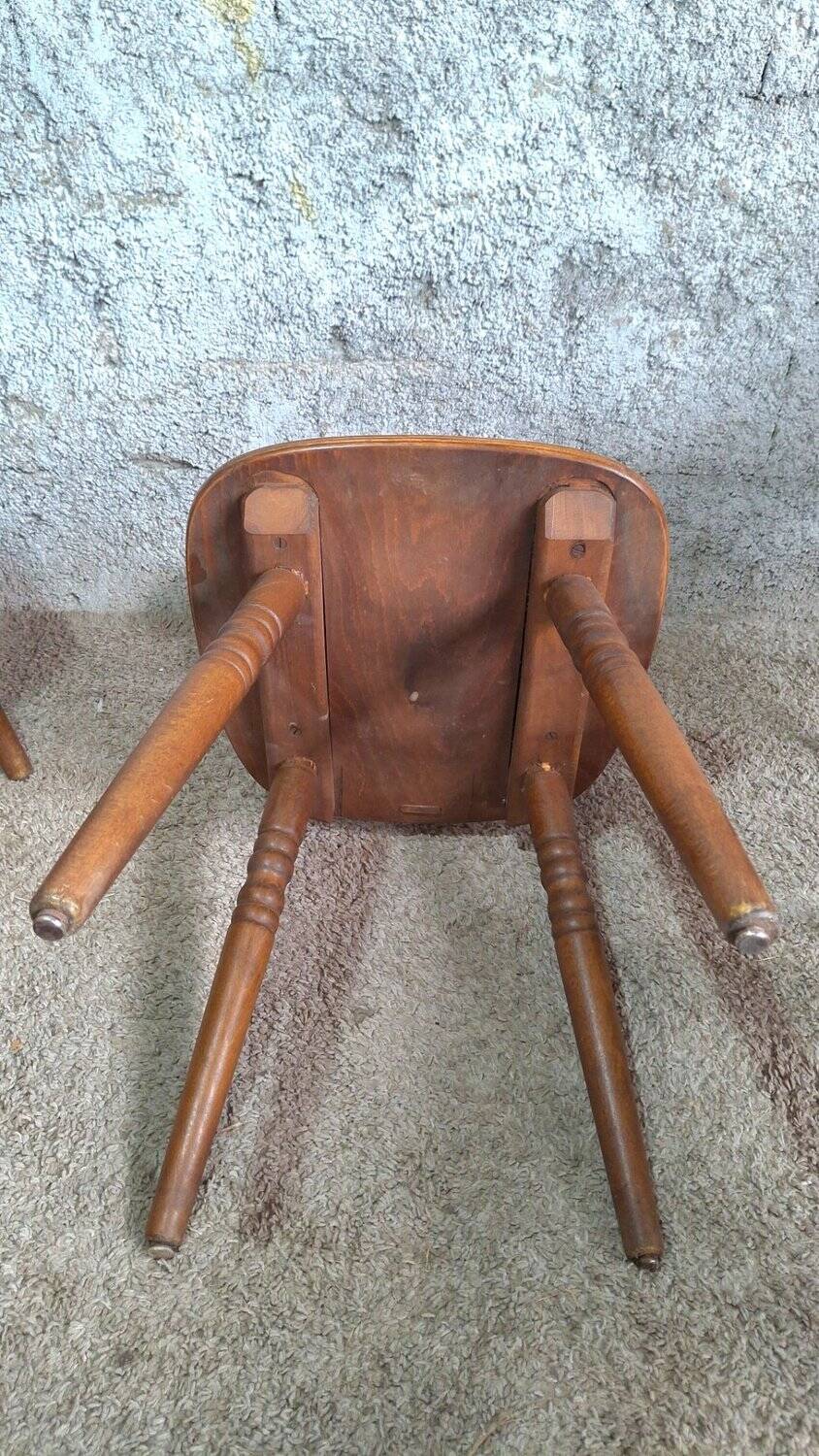 Set of 8 rustic bistro chairs in beech wood with honey patina, 1950s.