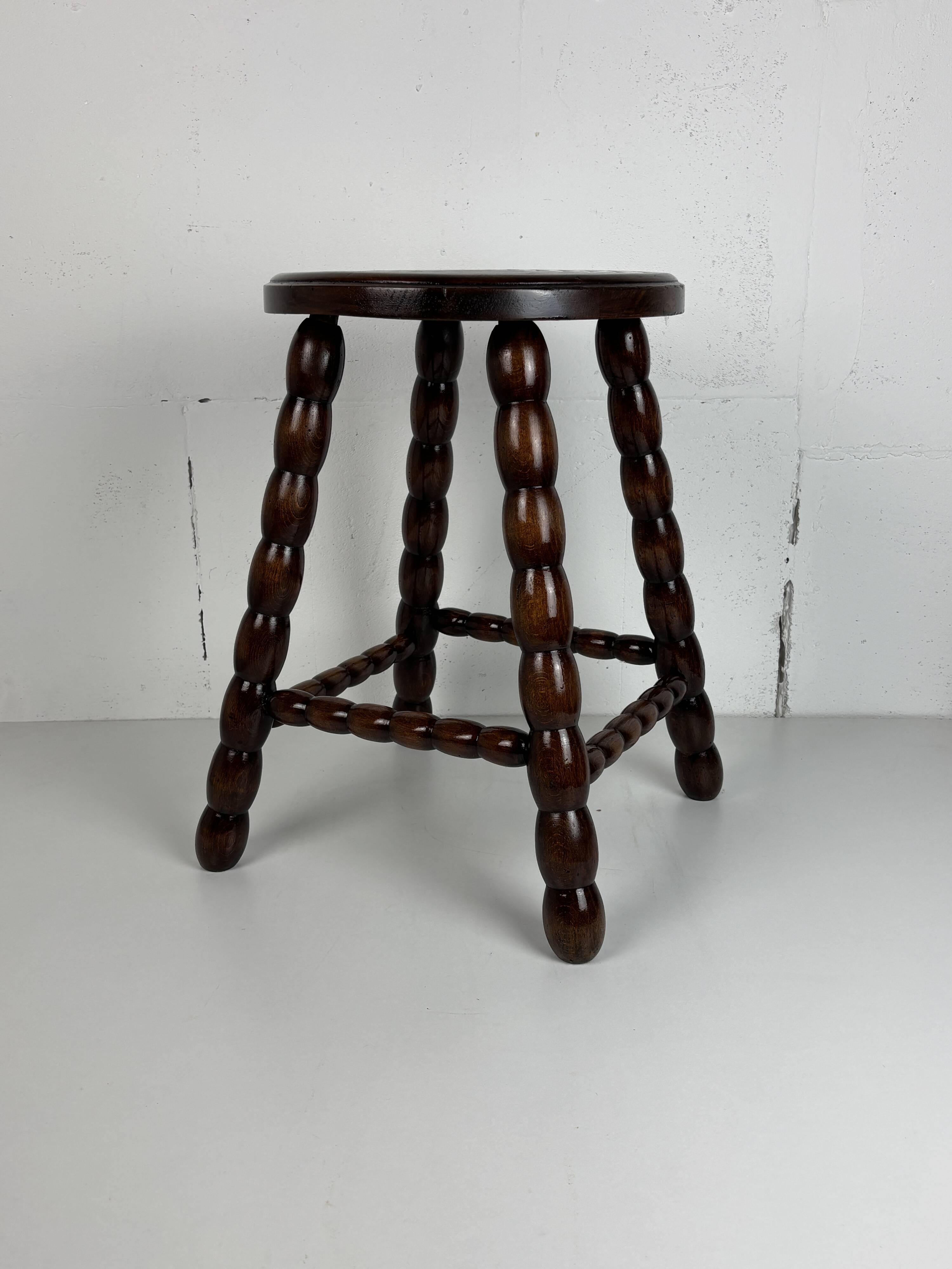 Midcentury bobbin wood turned stool, Charles Dudouyt style, France, 1950s
