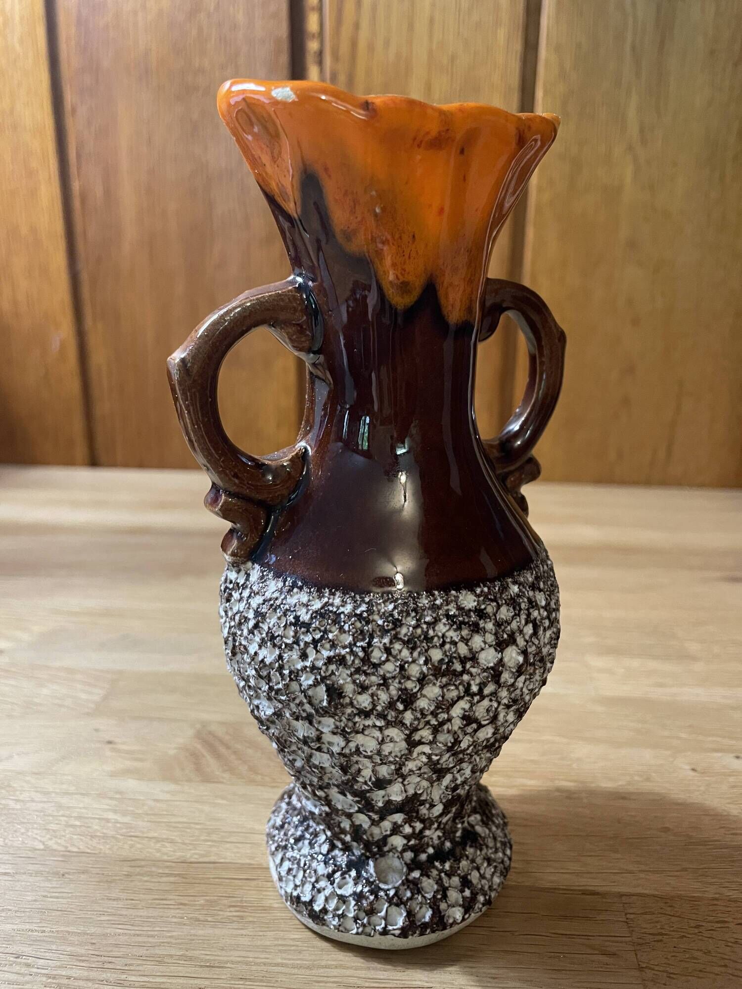 Small Vallauris ceramic vase orange brown and white 70s