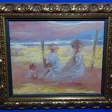 Peinture à l'huile impressionniste du XXe siècle représentant une scène de plage
