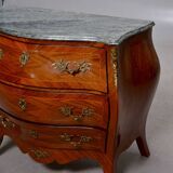 Curved Louis XV style vintage commode in marquetry - stone top - 3 drawers