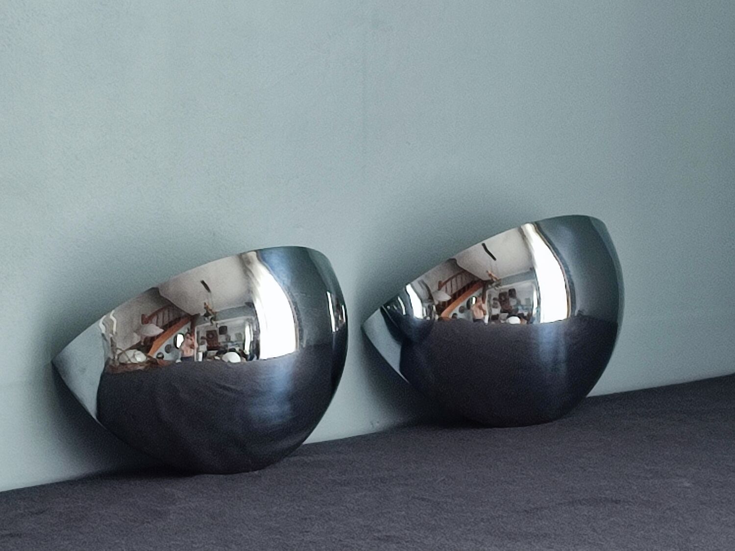 Pair of vintage chromed metal half-moon wall lamp