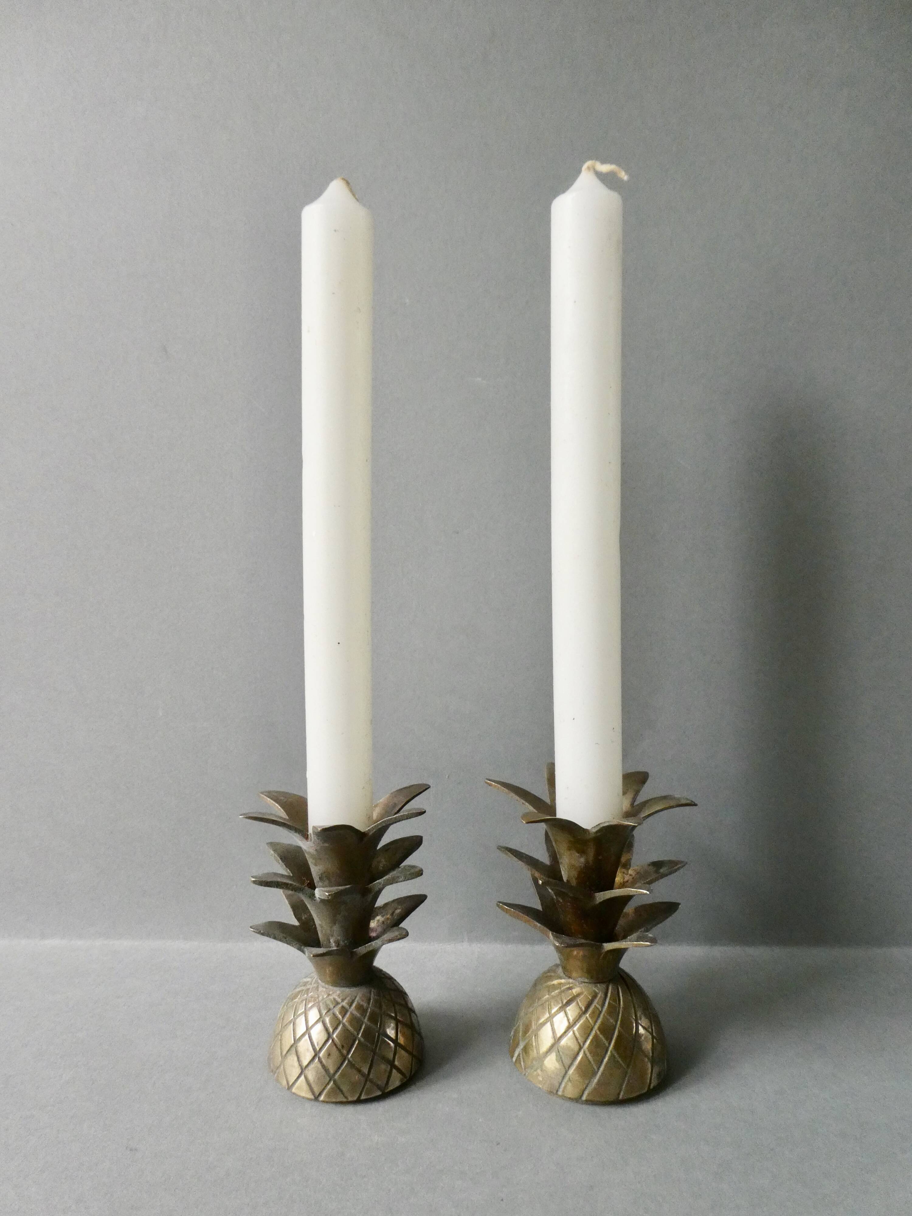 Pair of pineapple candlesticks, brass