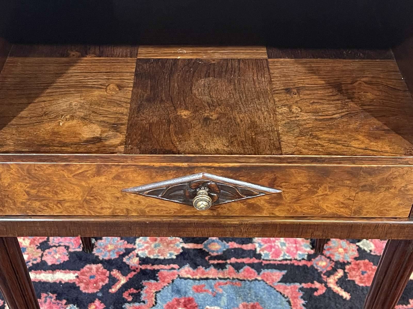 Art Deco bedside table in rosewood, walnut burl, and marble top.