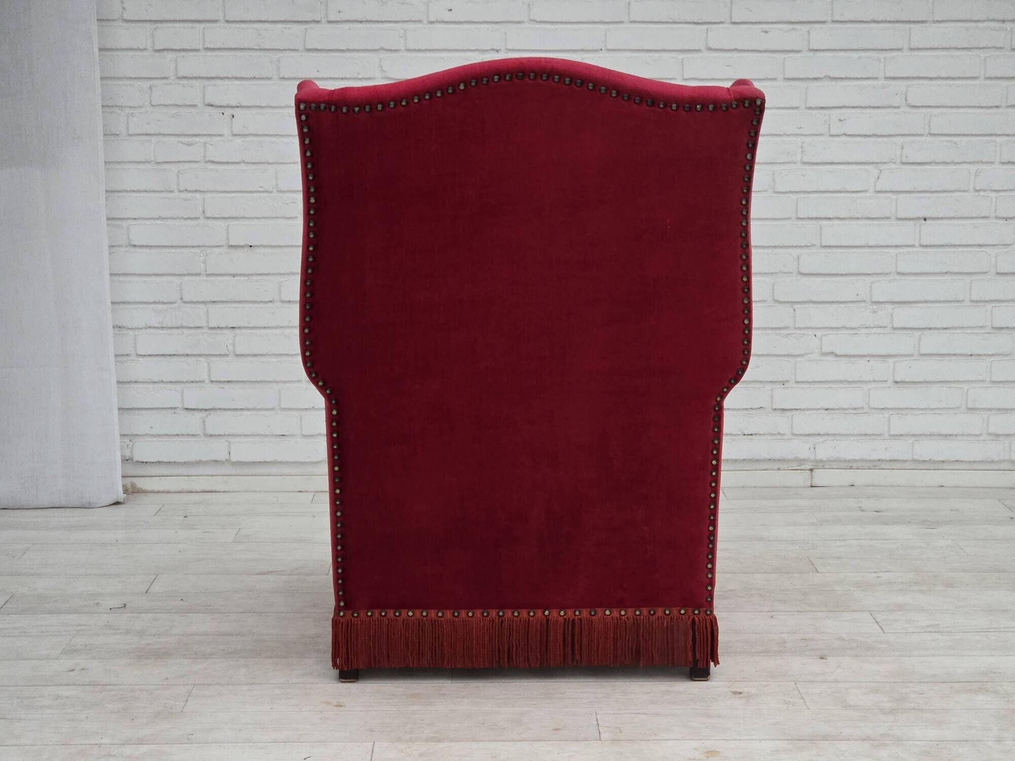 1970s, Danish highback armchair, furniture velour, ash wood legs.
