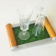 Original Art Deco vintage design plateau in green glass, wood and aluminium.