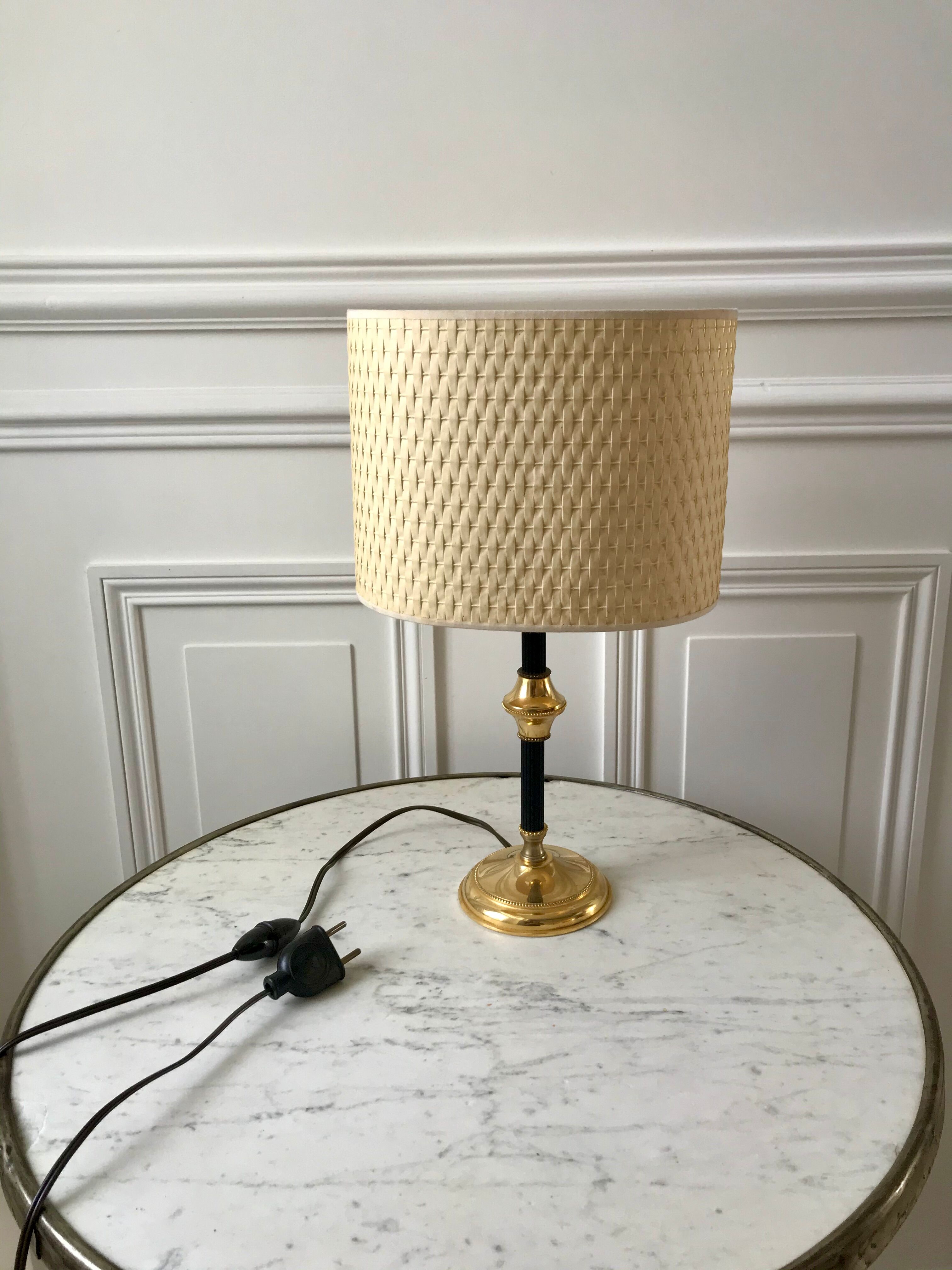 Brass and black metal lamp with woven lampshade woven 50s