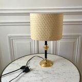 Brass and black metal lamp with woven lampshade woven 50s