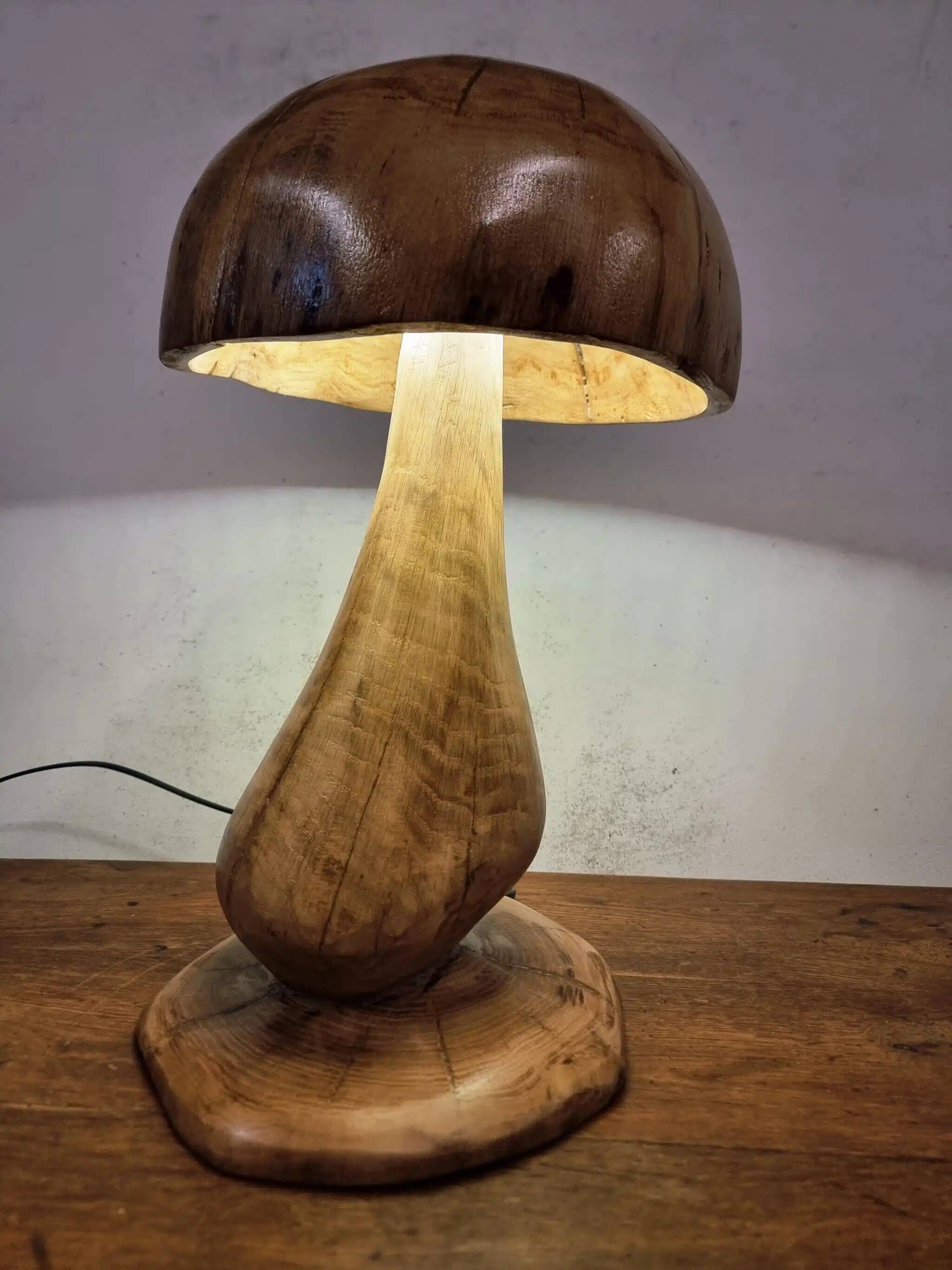 Hand-carved oak table lamp in the shape of a mushroom