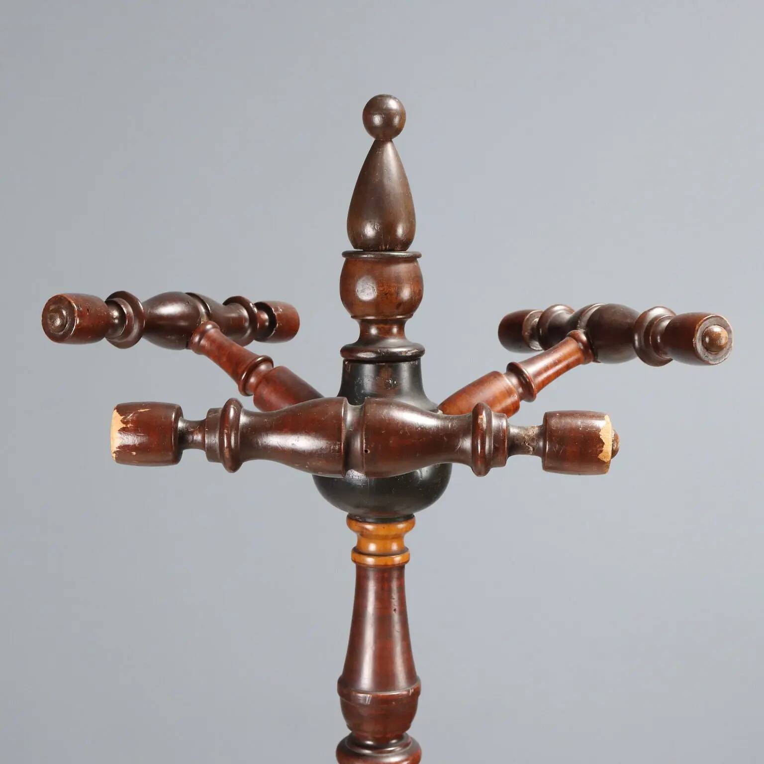 Antique coat rack in elm and maple, Italy, 19th century