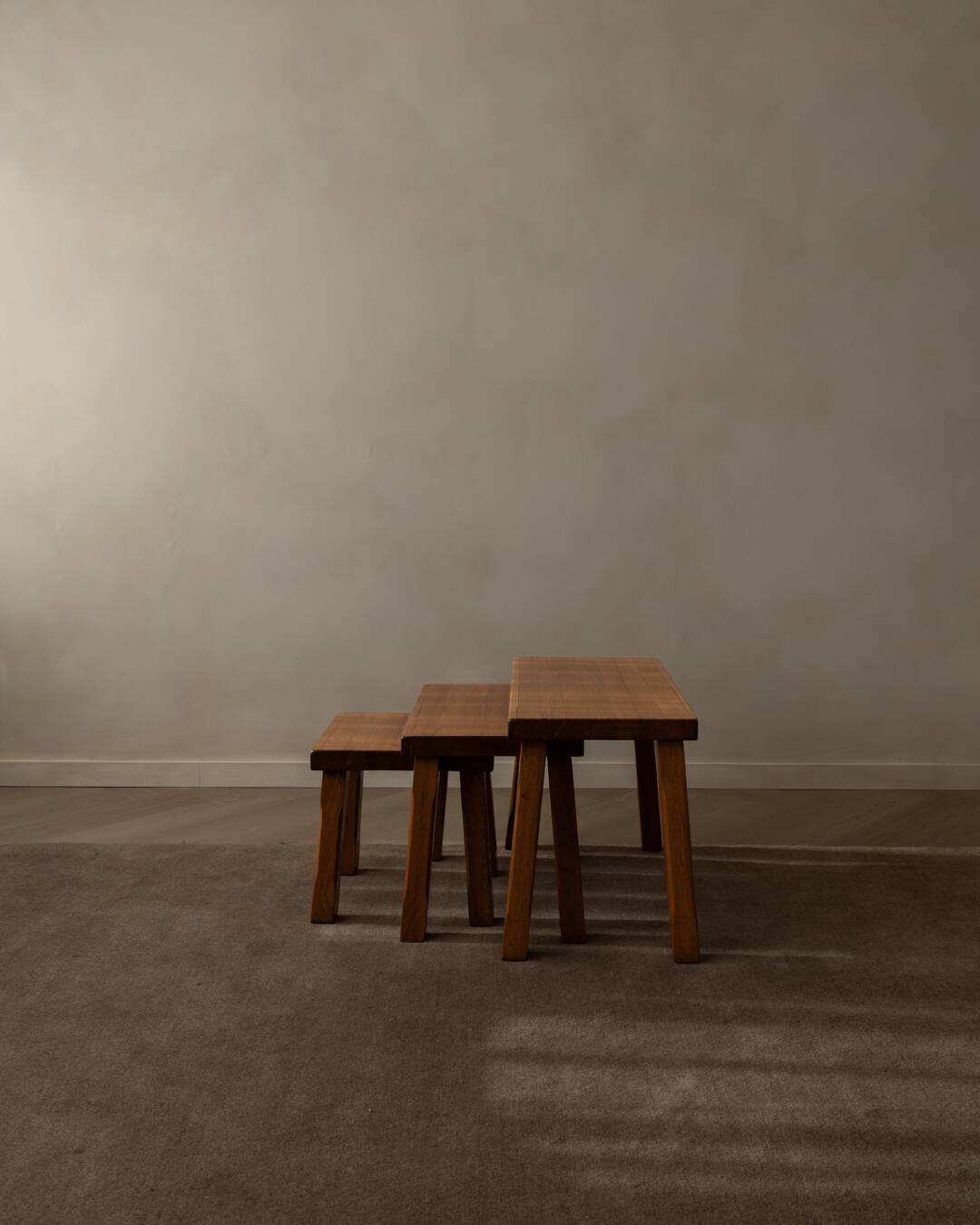Brutalist Solid Oak Nesting Tables (Set of 3) – Dutch 1970s