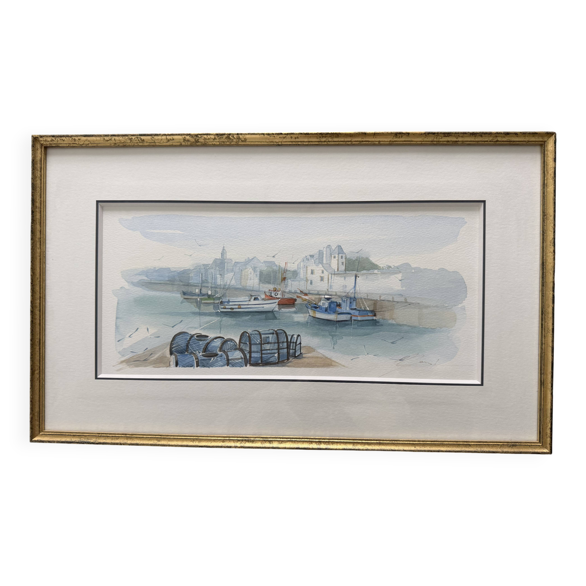 Watercolour by Christian Gaudin framed certificate Guérande fishing port marshes