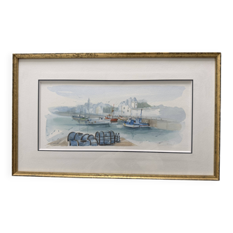 Watercolour by Christian Gaudin framed certificate Guérande fishing port marshes