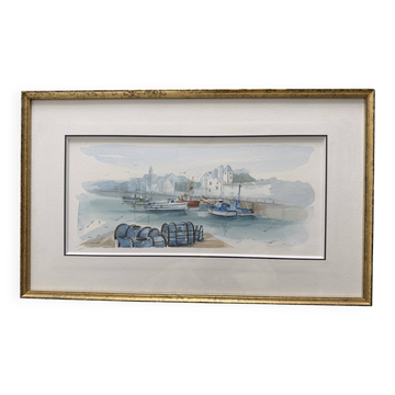 Aquarelle Christian Gaudin encadré certificat Guérande port de pêche marais