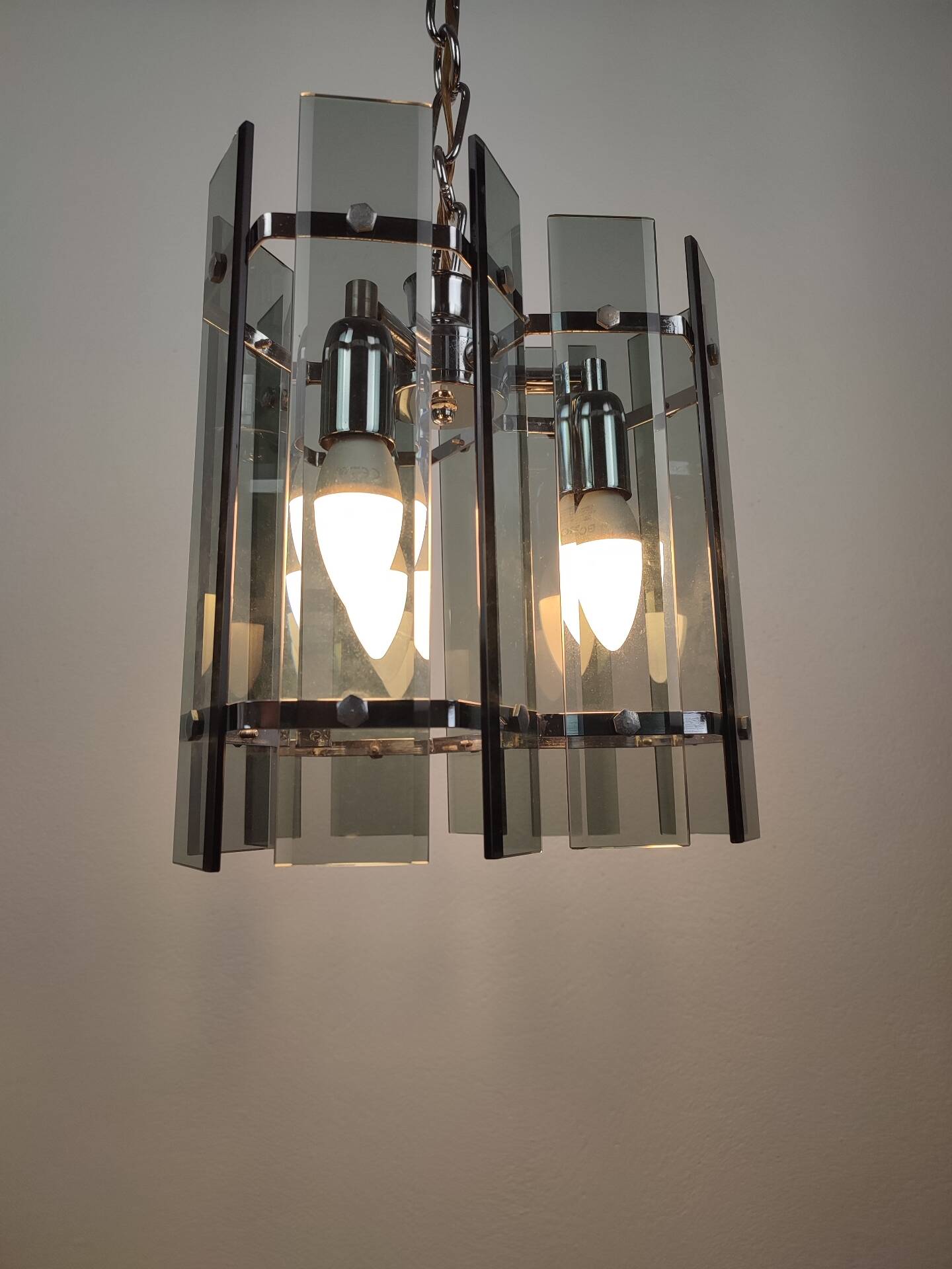 Mid-Century Suspension in Smoked Glass and Chrome Metal, Veca Style