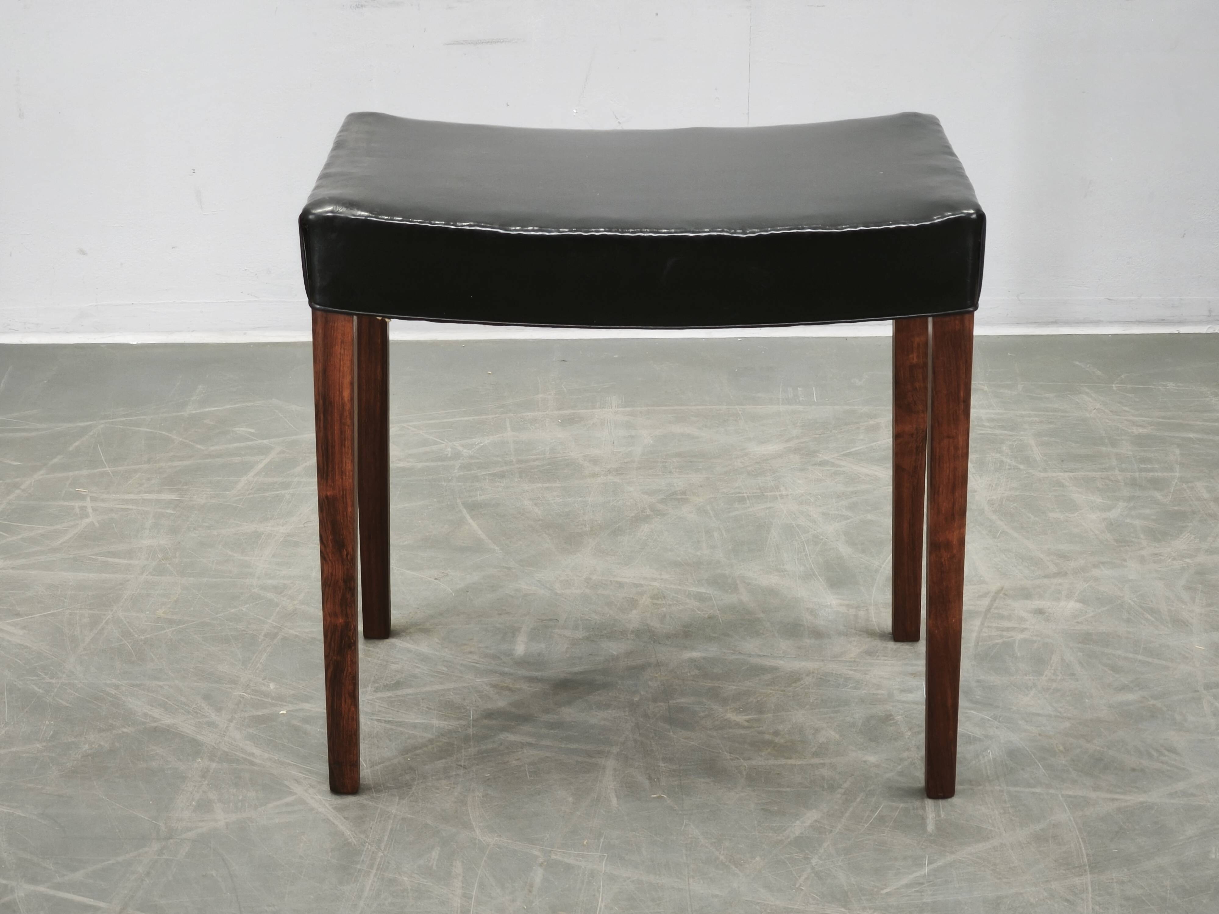 1960s Danish Modern Wood and Black Leather Stool