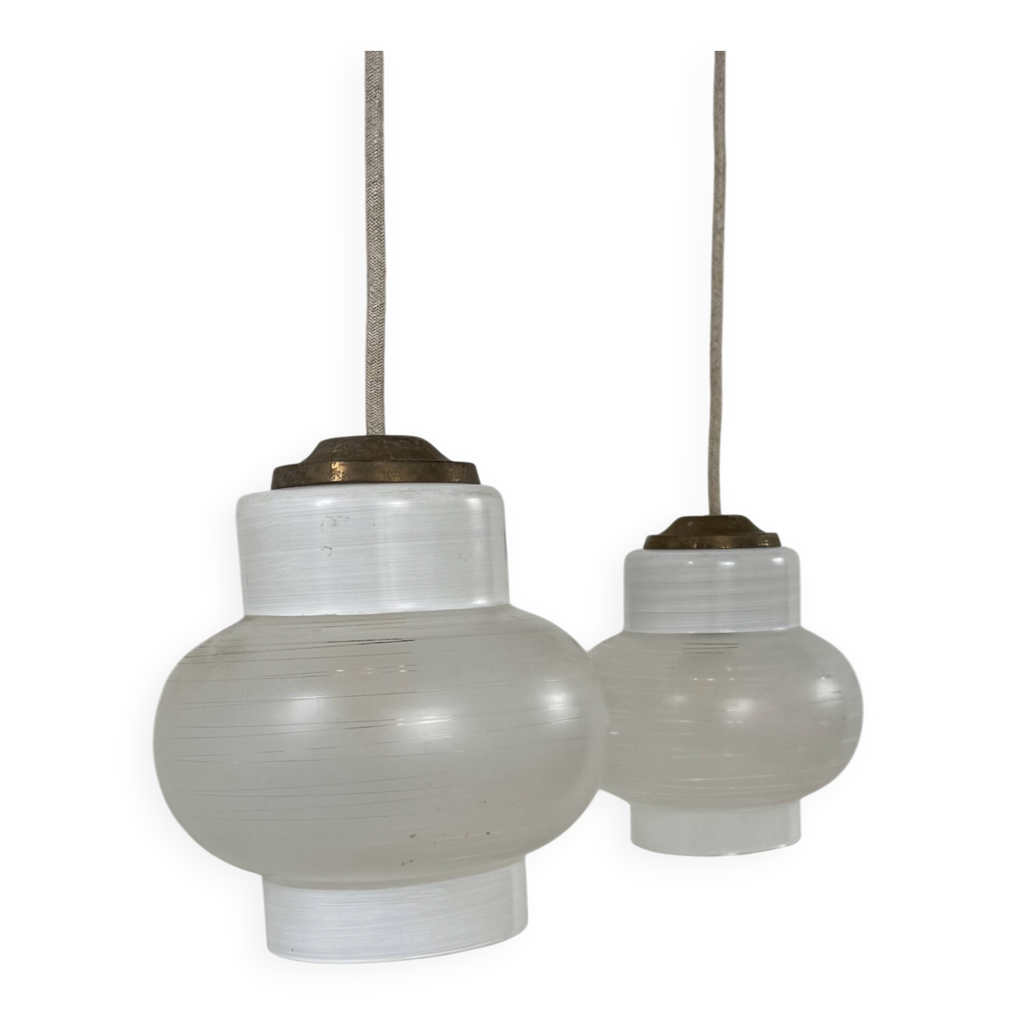 Pair of vintage pendant lights, blown white glass, France, 1970.