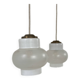 Pair of vintage pendant lights, blown white glass, France, 1970.