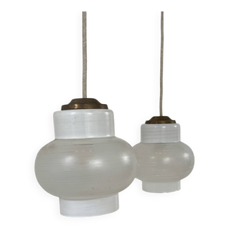 Pair of vintage pendant lights, blown white glass, France, 1970.