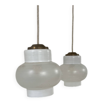 Pair of vintage pendant lights, blown white glass, France, 1970.