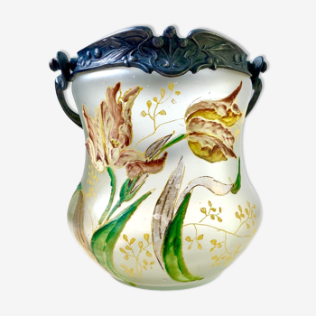 Cookie jar bucket - vase - in enamelled glass & pewter- 1880 Art Nouveau France