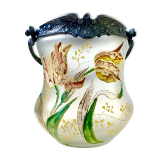 Seau pot à biscuits - vase - en verre émaillé & étain - 1880 Art Nouveau France