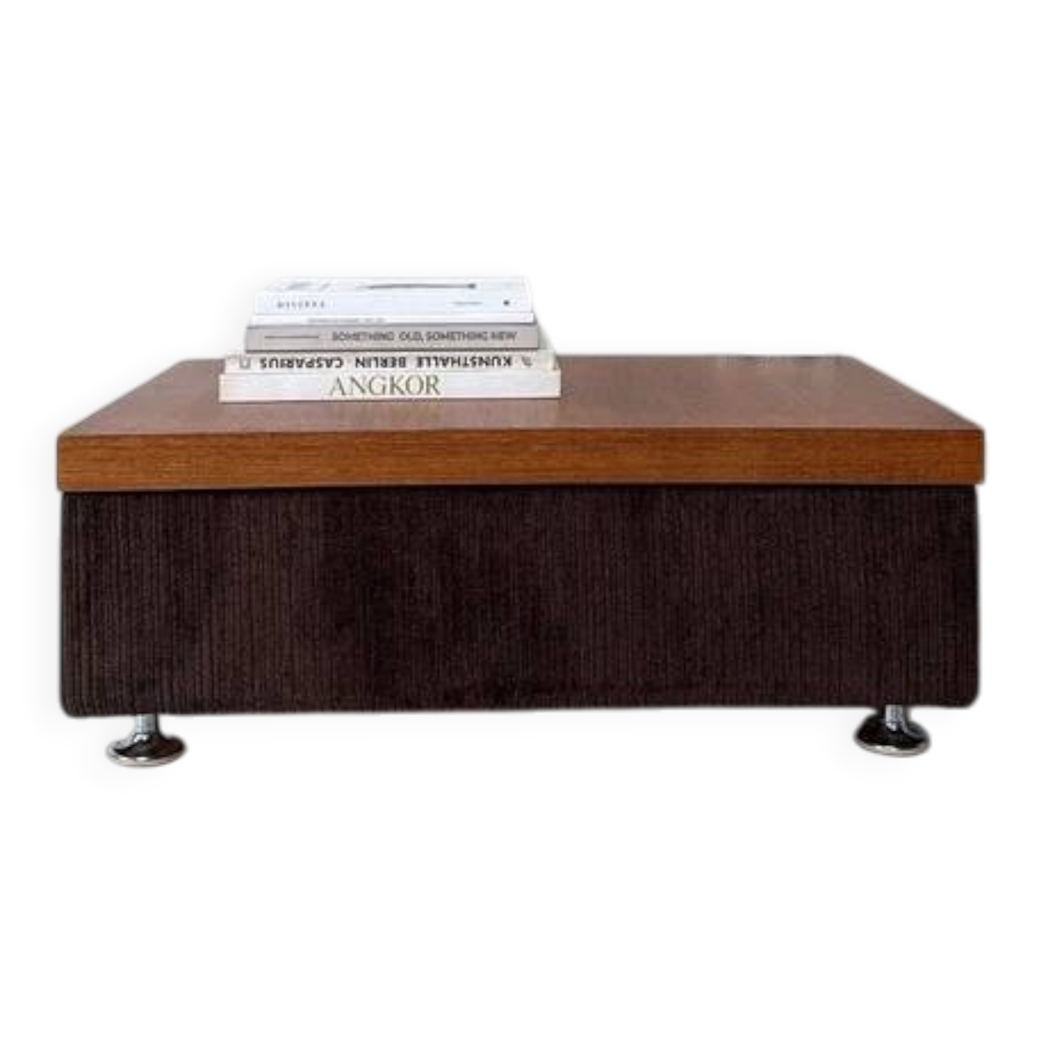 Coffee table with brown corduroy fabric, wooden top and chrome legs