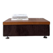 Coffee table with brown corduroy fabric, wooden top and chrome legs