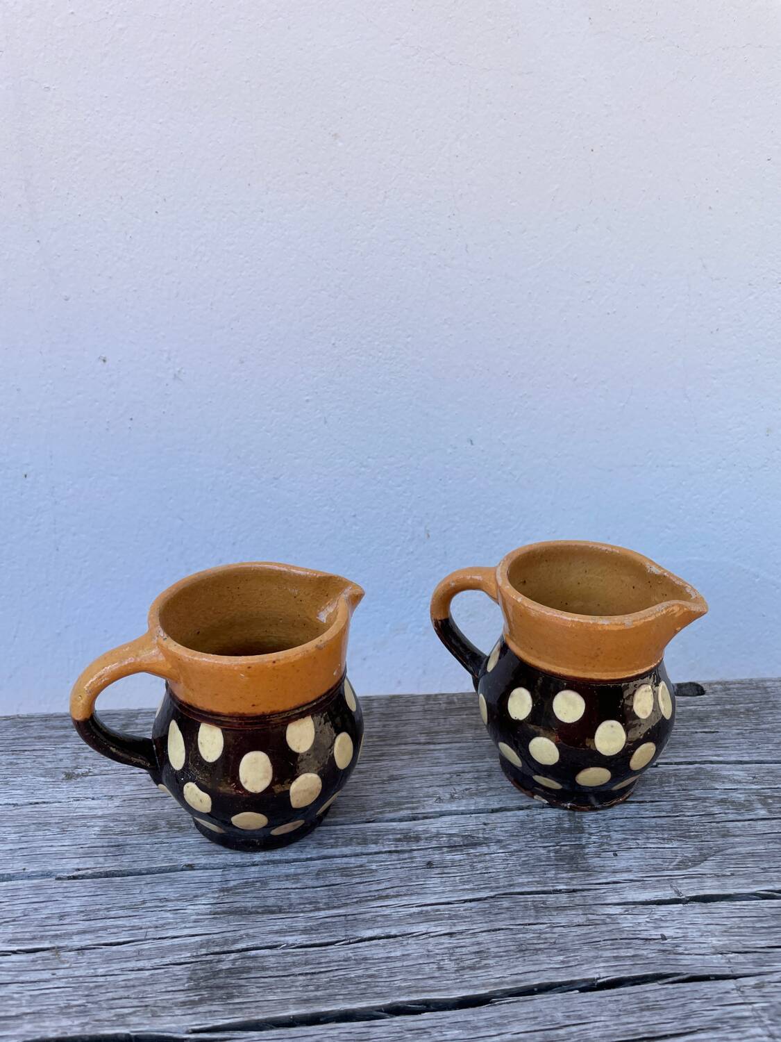 Duo of small Italian polka dot jars