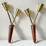 Pair of scandinavian midcentury wall lights sconces in brass & teak
